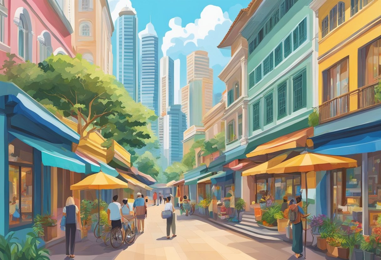 A vibrant art gallery in Singapore showcases diverse landscapes and cultural scenes. Vibrant colors and intricate details bring the city's artistic landscape to life