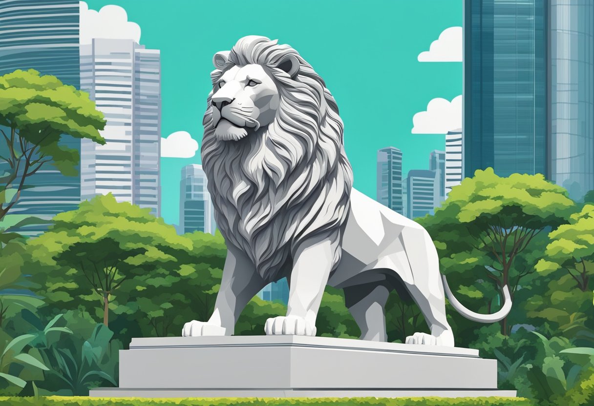 A majestic lion statue stands proudly in the heart of Singapore, surrounded by lush greenery and modern skyscrapers