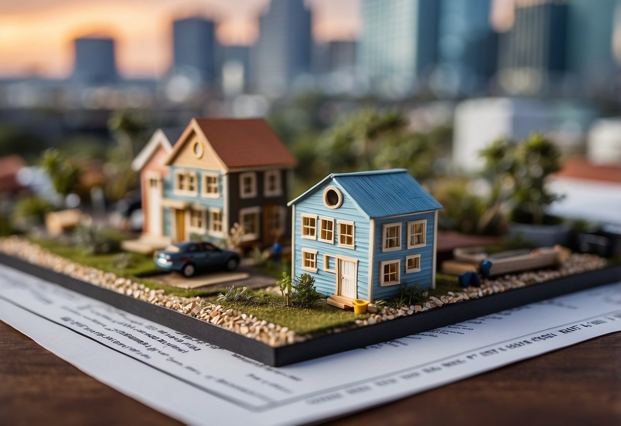 Tiny houses in San Diego are depicted with a city skyline in the background, surrounded by regulations and legal documents. A tiny house is shown with a "legal" stamp to symbolize its compliance