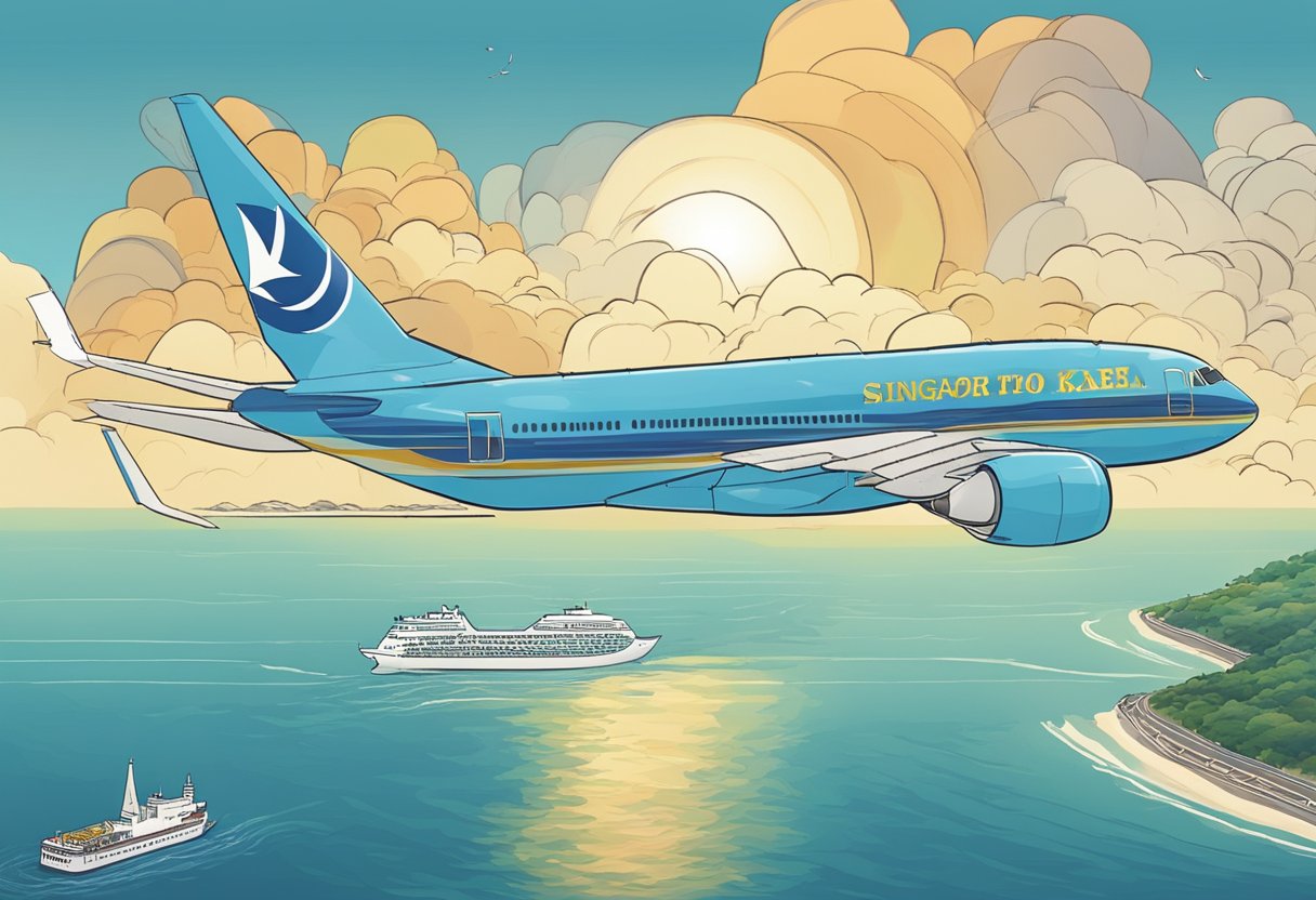 A plane flying over the ocean from Singapore to Korea