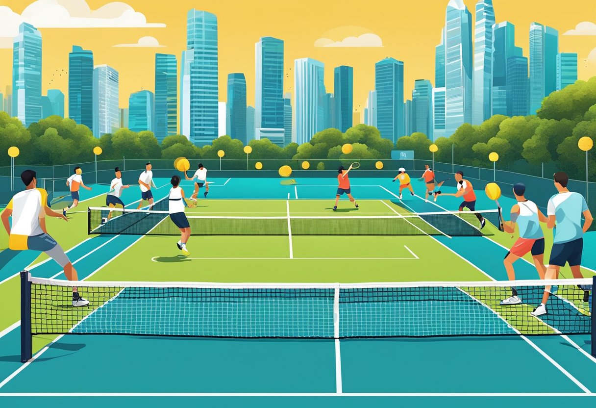 A group of players engage in a lively match on a vibrant pickleball court in Singapore, with the iconic city skyline in the background