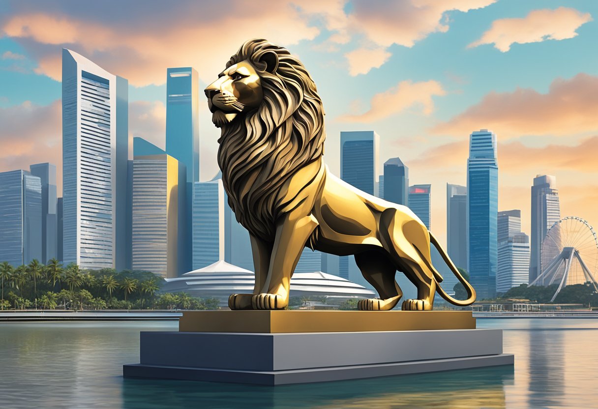 A majestic lion statue stands proudly in front of the iconic Singapore skyline, attracting curious onlookers and posing for photos