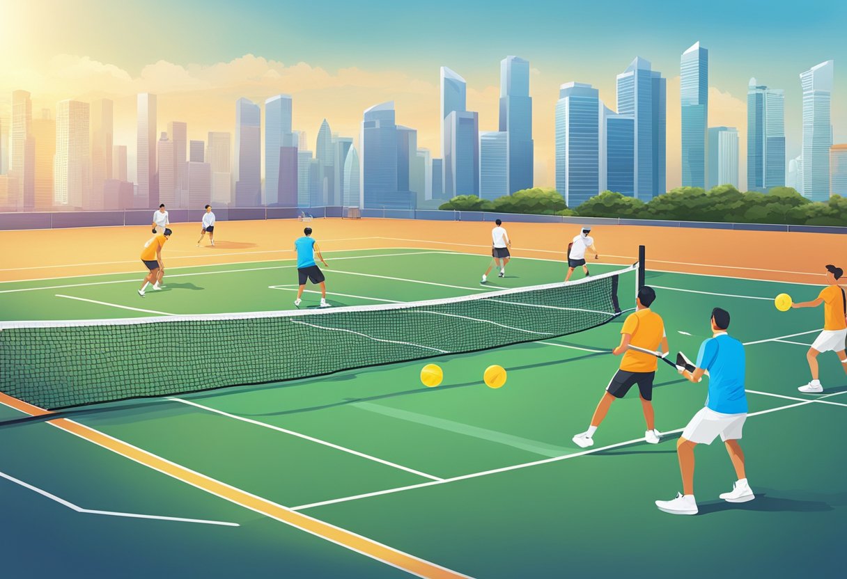 Players on a pickleball court in Singapore, holding paddles and hitting a ball over the net, with the city skyline in the background