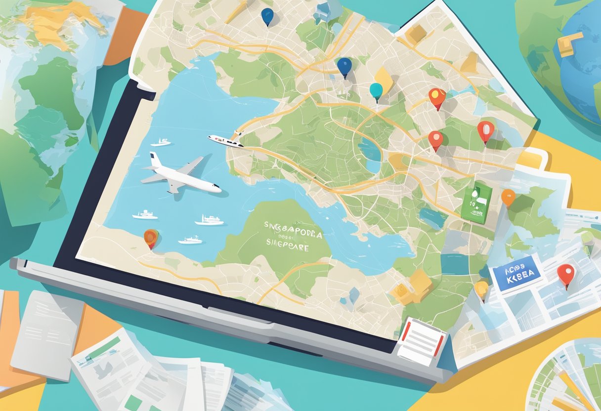 A traveler's hand holding a map of Singapore and Korea, surrounded by travel guides, passport, and a laptop with flight information