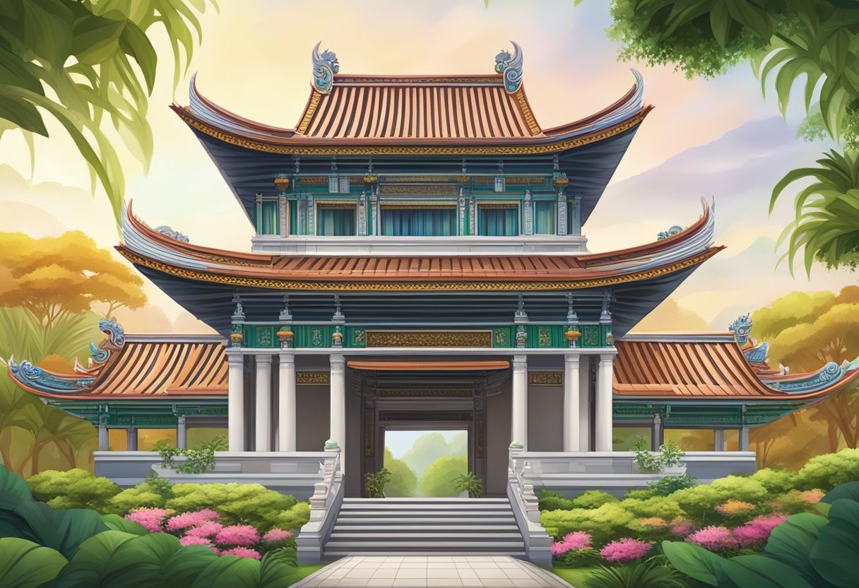 A traditional Singapore temple with ornate carvings, colorful roof, and intricate architecture stands against a backdrop of lush greenery