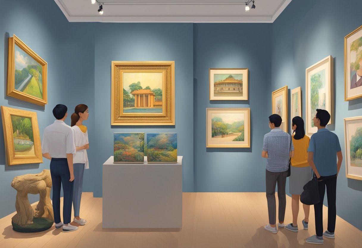 The art gallery in Singapore is filled with vibrant paintings and sculptures. Visitors are seen admiring the artwork and engaging in lively discussions
