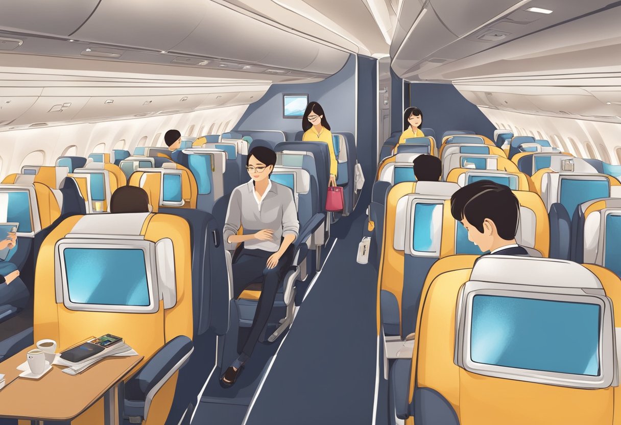 Passengers enjoy luxury amenities on a Singapore to Korea flight. The cabin is spacious and modern, with comfortable seating and elegant decor