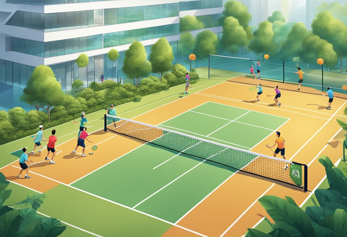 A diverse group plays pickleball in a vibrant Singapore community center, surrounded by modern buildings and lush greenery