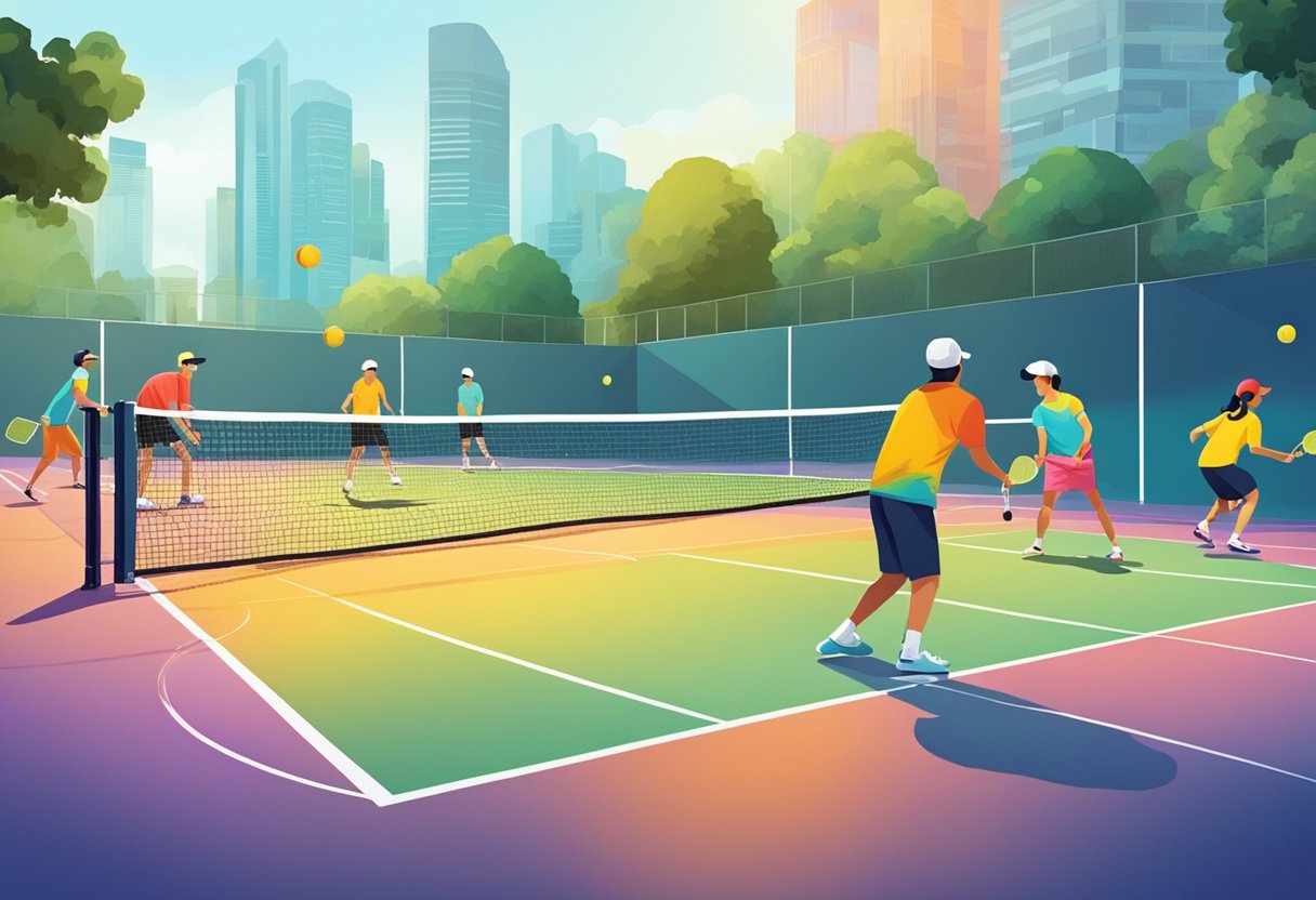 A group of people playing pickleball in a vibrant, outdoor court in Singapore. The players are engaged in the game, with colorful equipment and a lively atmosphere