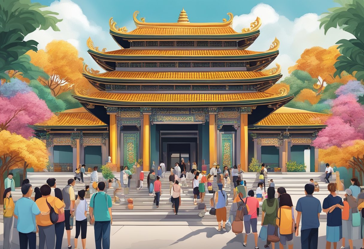 A bustling Singapore temple with visitors seeking guidance, adorned with intricate carvings and vibrant colors
