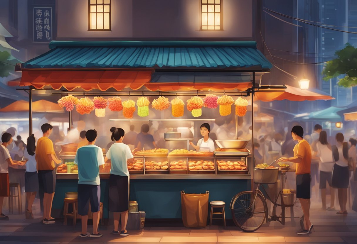 A street food stall in Singapore's bustling Chinatown serves lok lok skewers with a variety of dipping sauces. Bright lights and steam create a lively atmosphere