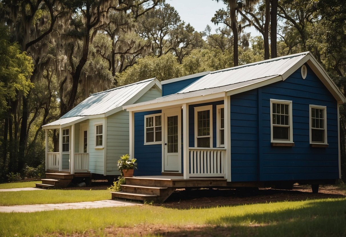 Several tiny houses sit on a spacious plot of land in South Carolina, surrounded by lush greenery and under a clear blue sky