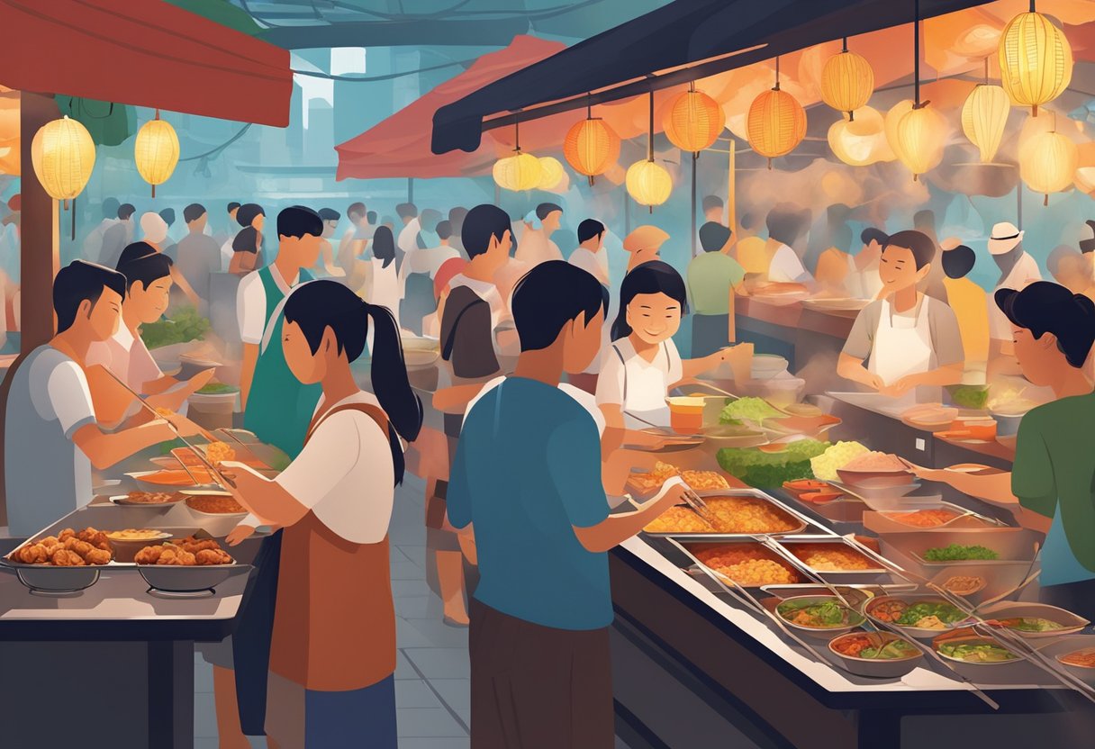 People enjoying lok lok at a hawker center in Singapore, with a variety of skewered meats and vegetables on display. Steam rising from the sizzling hot pots adds to the bustling atmosphere