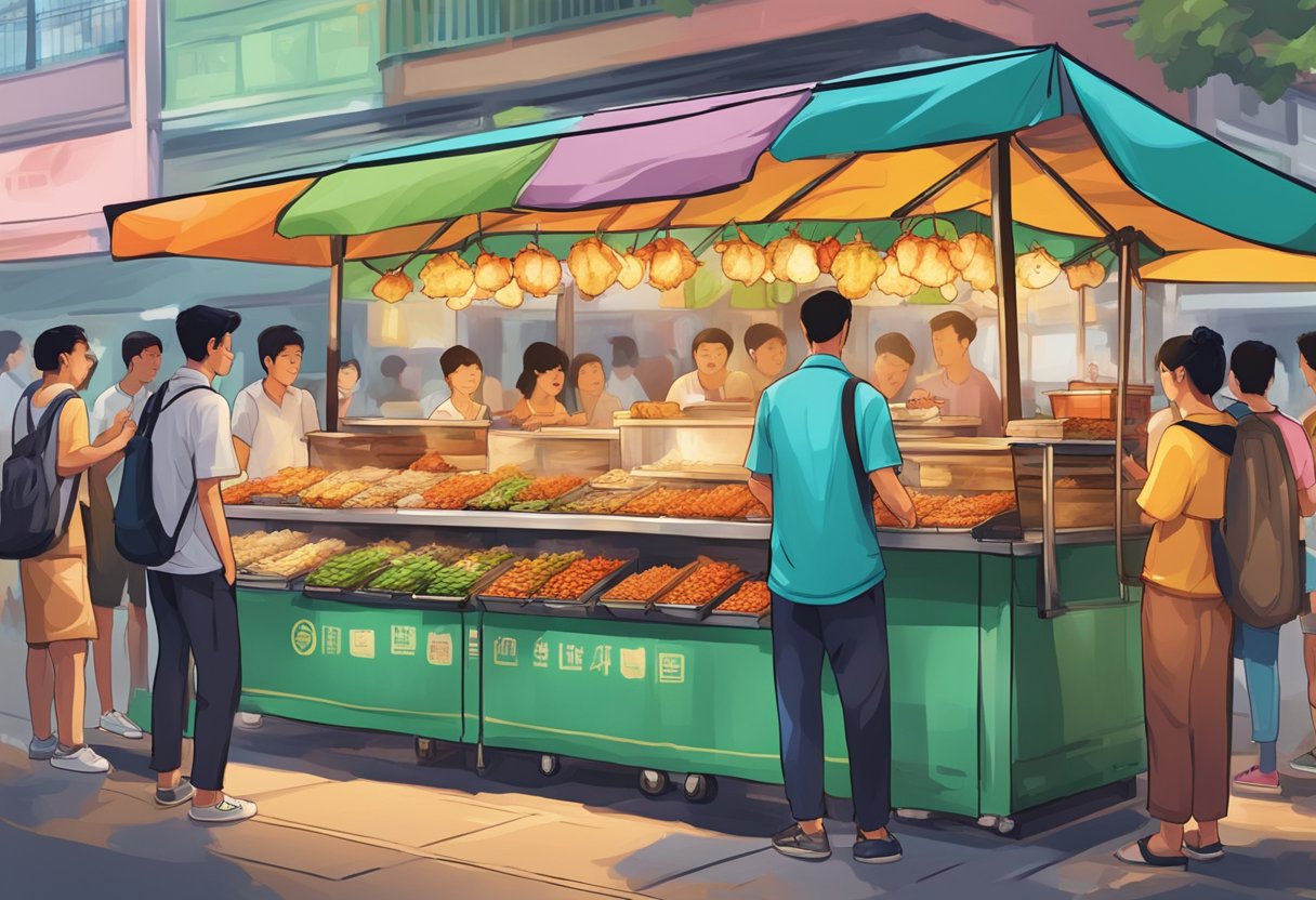 A colorful street food stall displays skewered Lok Lok, surrounded by eager customers in a lively Singaporean market
