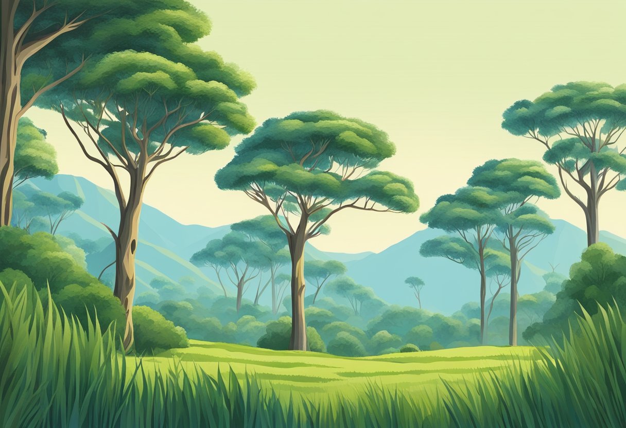 A lush, green landscape with tall melaleuca trees standing tall against a clear blue sky, their paper-like bark peeling in the gentle breeze