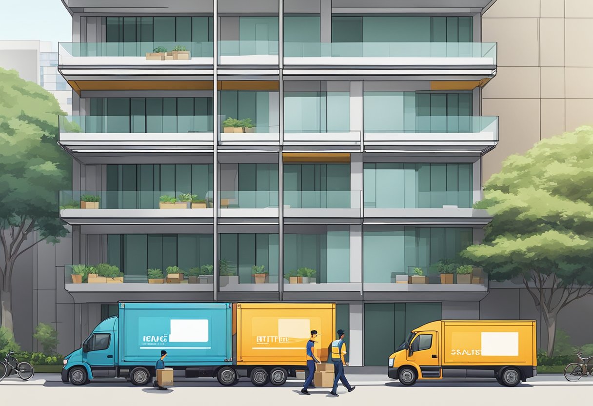 A moving truck parked outside a modern Singaporean apartment building, with workers carrying boxes into the lobby