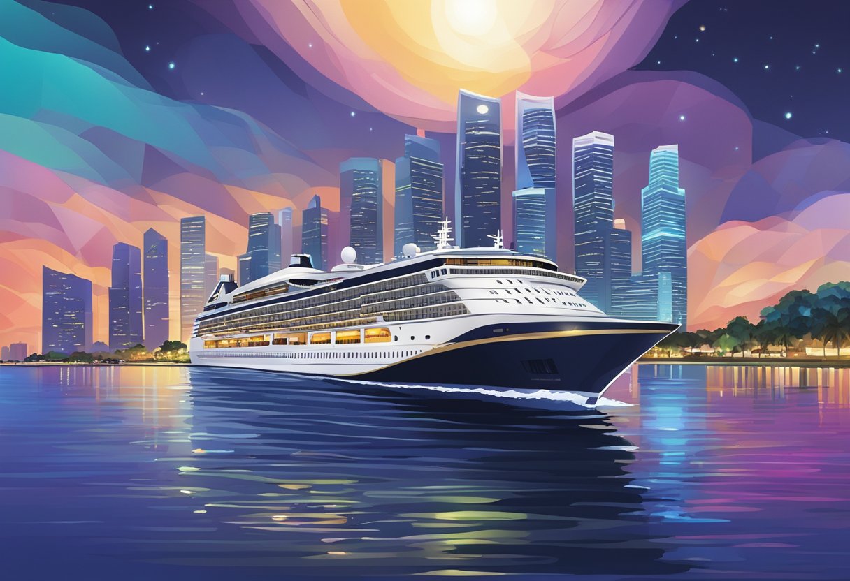 A luxurious cruise ship glides through the sparkling waters of Singapore's harbor, with the iconic skyline and vibrant city lights creating a stunning backdrop