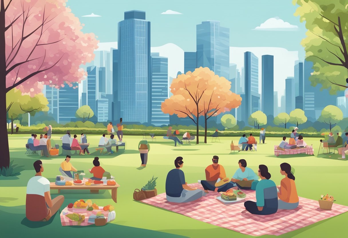 People enjoying a picnic in a lush park, with a backdrop of modern skyscrapers and a bustling cityscape in the background