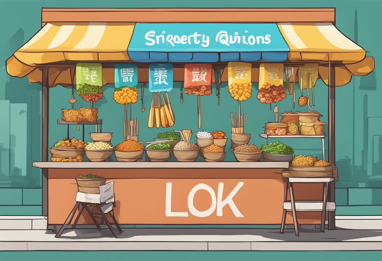 A colorful street food stall in Singapore with a sign that reads "Frequently Asked Questions lok lok" and a variety of skewered food items on display