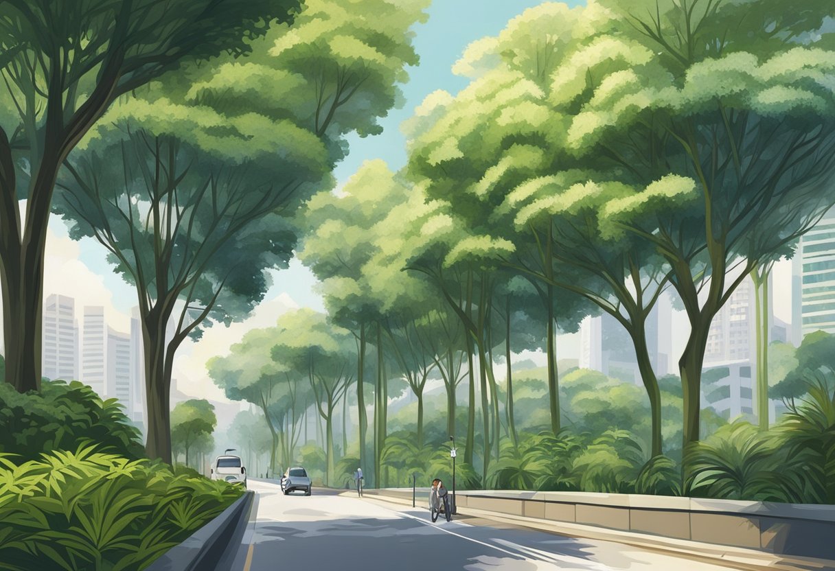 Lush green Melaleuca trees line the streets of Singapore, their slender trunks and delicate white flowers creating a serene and picturesque urban landscape