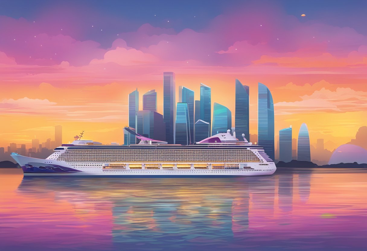 The sun sets behind the towering skyscrapers of Singapore as the Genting Dream cruise ship glides through the calm waters, with its vibrant lights reflecting off the surface