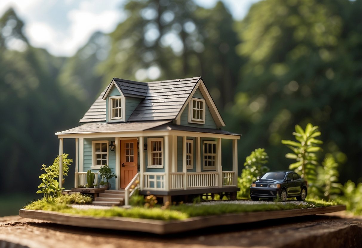 A small, charming tiny house nestled in a lush South Carolina landscape, surrounded by clear signage indicating adherence to zoning regulations