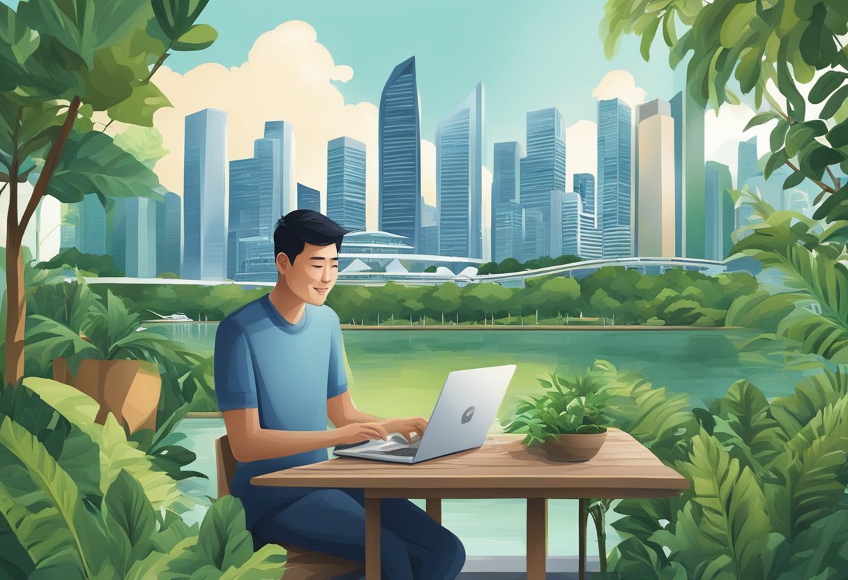 A person in Singapore connects with Melaleuca, surrounded by iconic city landmarks and lush greenery