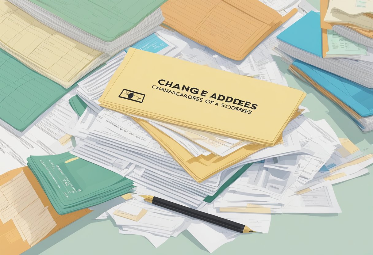 A stack of official documents with "Change of Address" forms, surrounded by legal texts and a map of Singapore