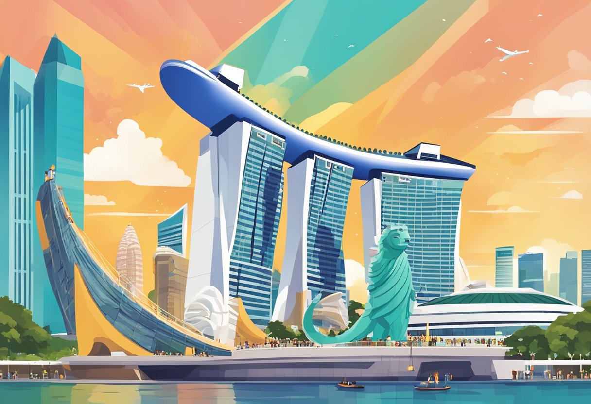 People exploring iconic landmarks in Singapore, such as the Merlion and Marina Bay Sands, with a backdrop of bustling city streets and vibrant colors