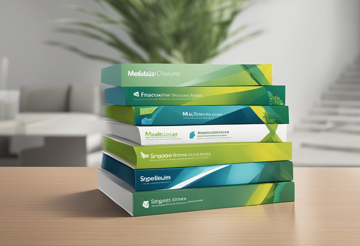 A stack of FAQ brochures on a table, with a Melaleuca Singapore logo in the background