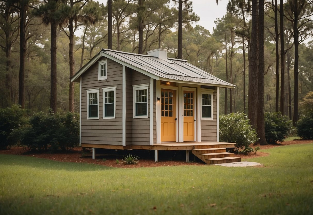 A tiny house sits on a grassy lot in South Carolina, surrounded by trees. The house meets all design and construction standards, blending in with the natural landscape