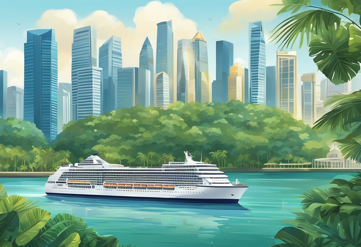 A luxurious cruise ship sails through the sparkling waters of Singapore, passing iconic landmarks and bustling ports, with a backdrop of modern skyscrapers and lush greenery