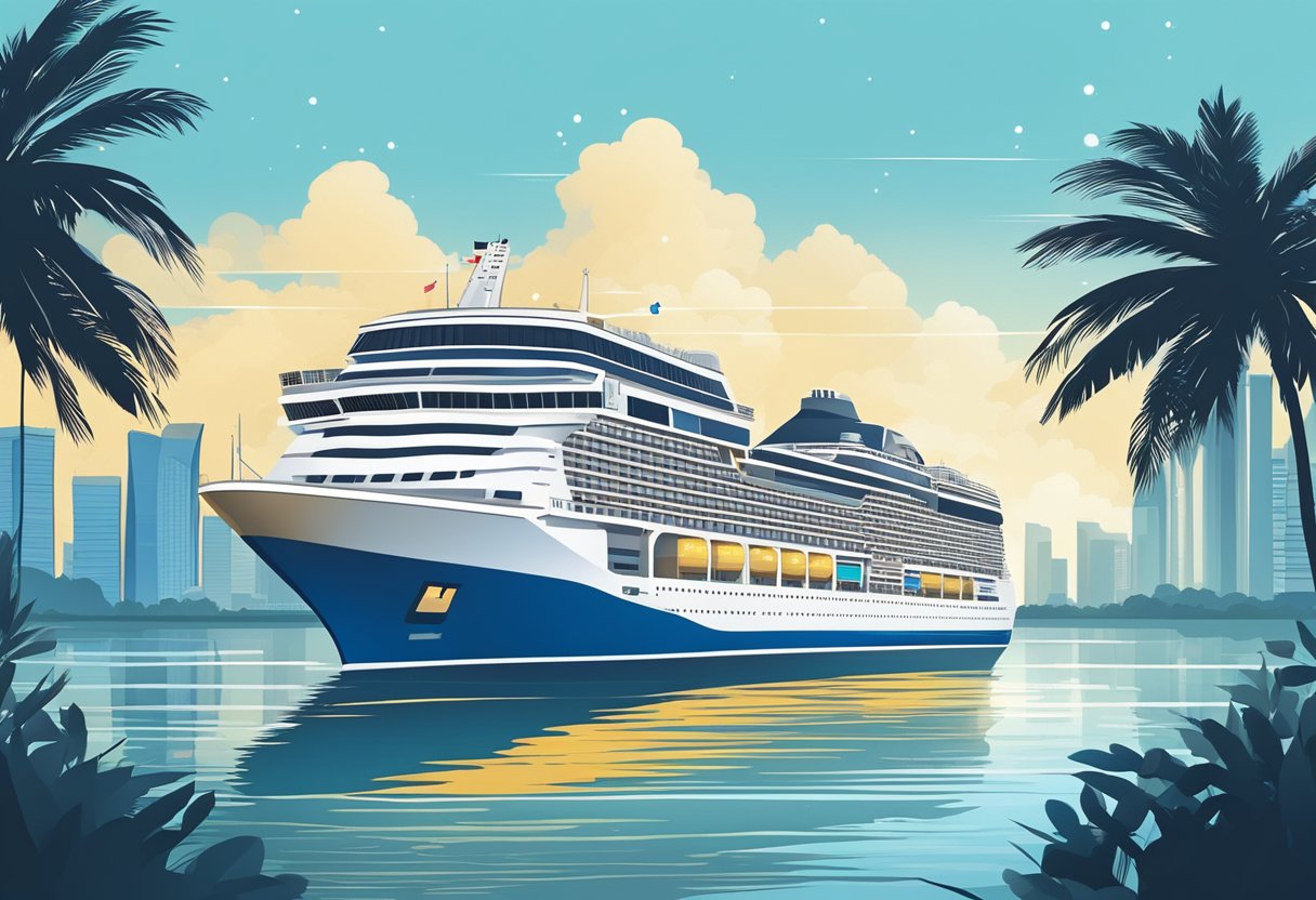 A cruise ship sailing through the sparkling waters of Singapore, with the city skyline in the background and a clear blue sky above