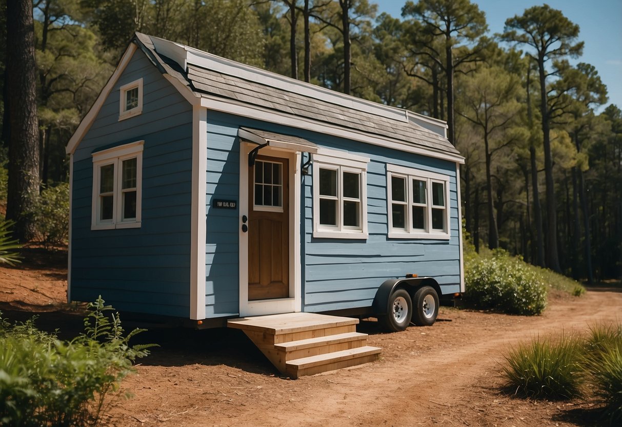 A tiny house sits nestled in a lush South Carolina landscape, surrounded by trees and under a clear blue sky. A sign nearby reads "Frequently Asked Questions: Are Tiny Houses Legal in South Carolina?"