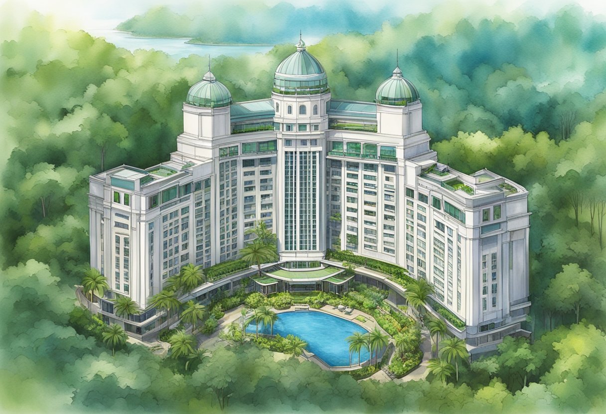 The iconic Shangri La Hotel in Singapore with its grand architecture and lush green surroundings