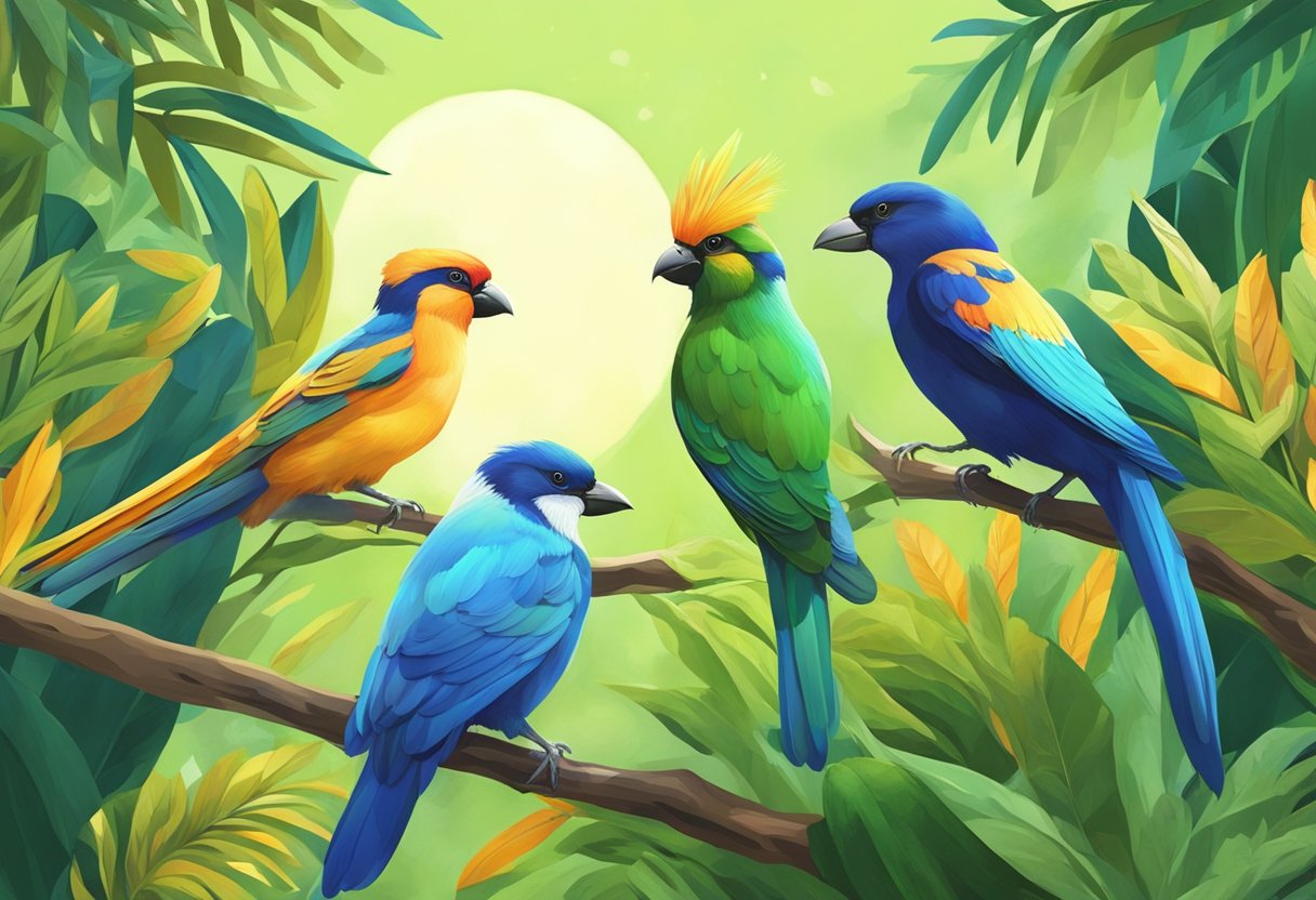 Colorful Singapore birds perch on lush green trees, their vibrant feathers catching the sunlight. The sound of their melodic chirping fills the air