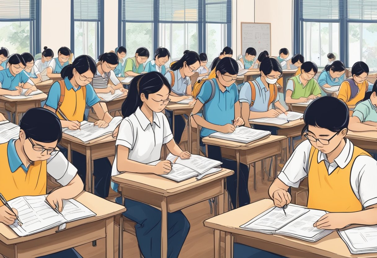Students sit at desks, pencils scratching paper. Clocks tick as they tackle the Singapore exam. Sweat beads on brows, tension fills the room