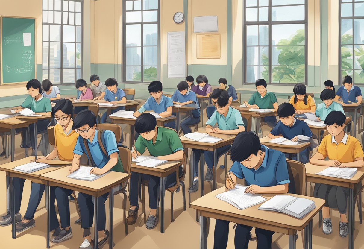 A room filled with students sitting at individual desks, taking the Singapore National Examinations. The atmosphere is tense and focused, with students diligently working on their papers