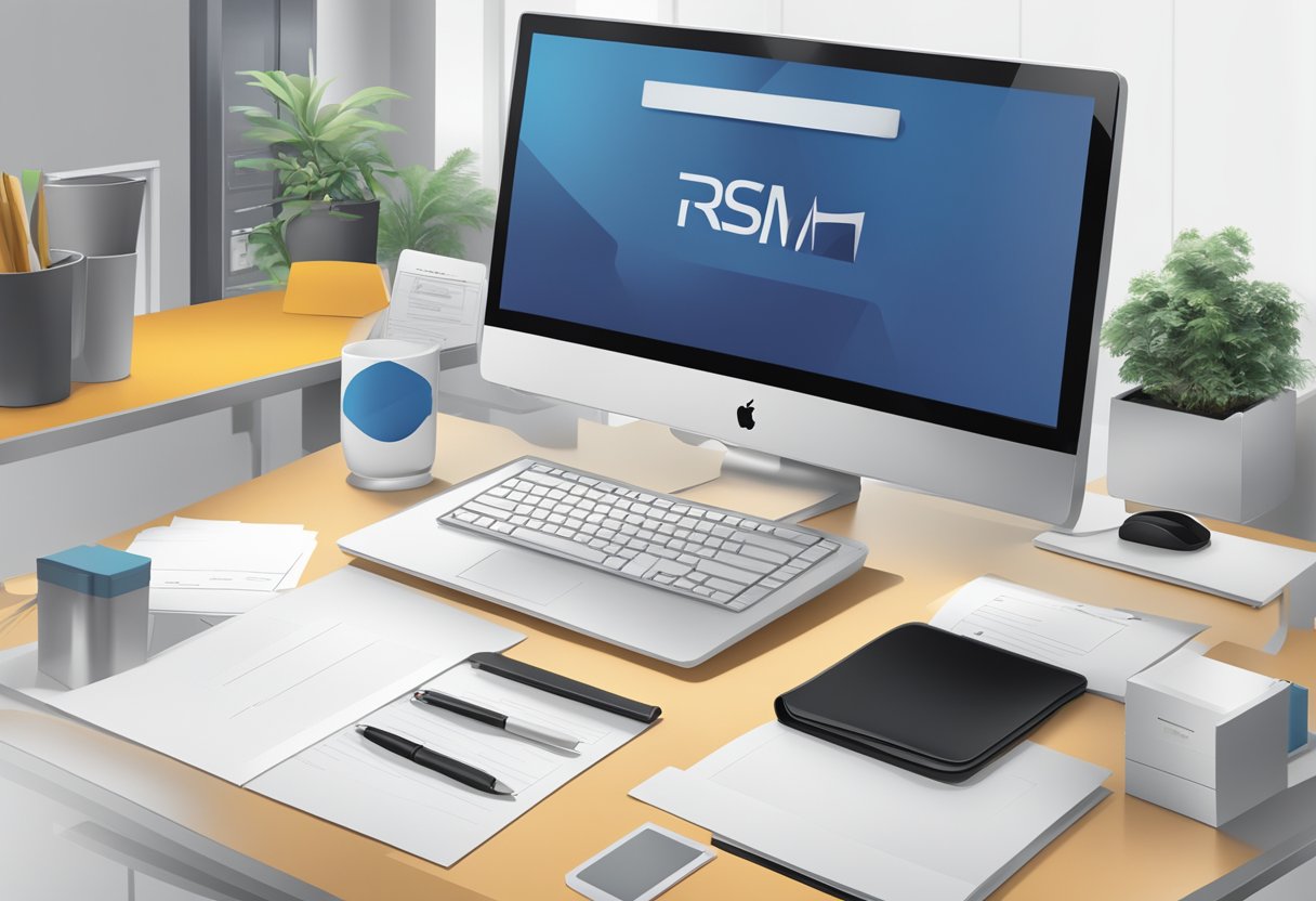 A modern office setting with a sleek desk, computer, and professional documents. A logo or sign with "RSM Singapore" prominently displayed