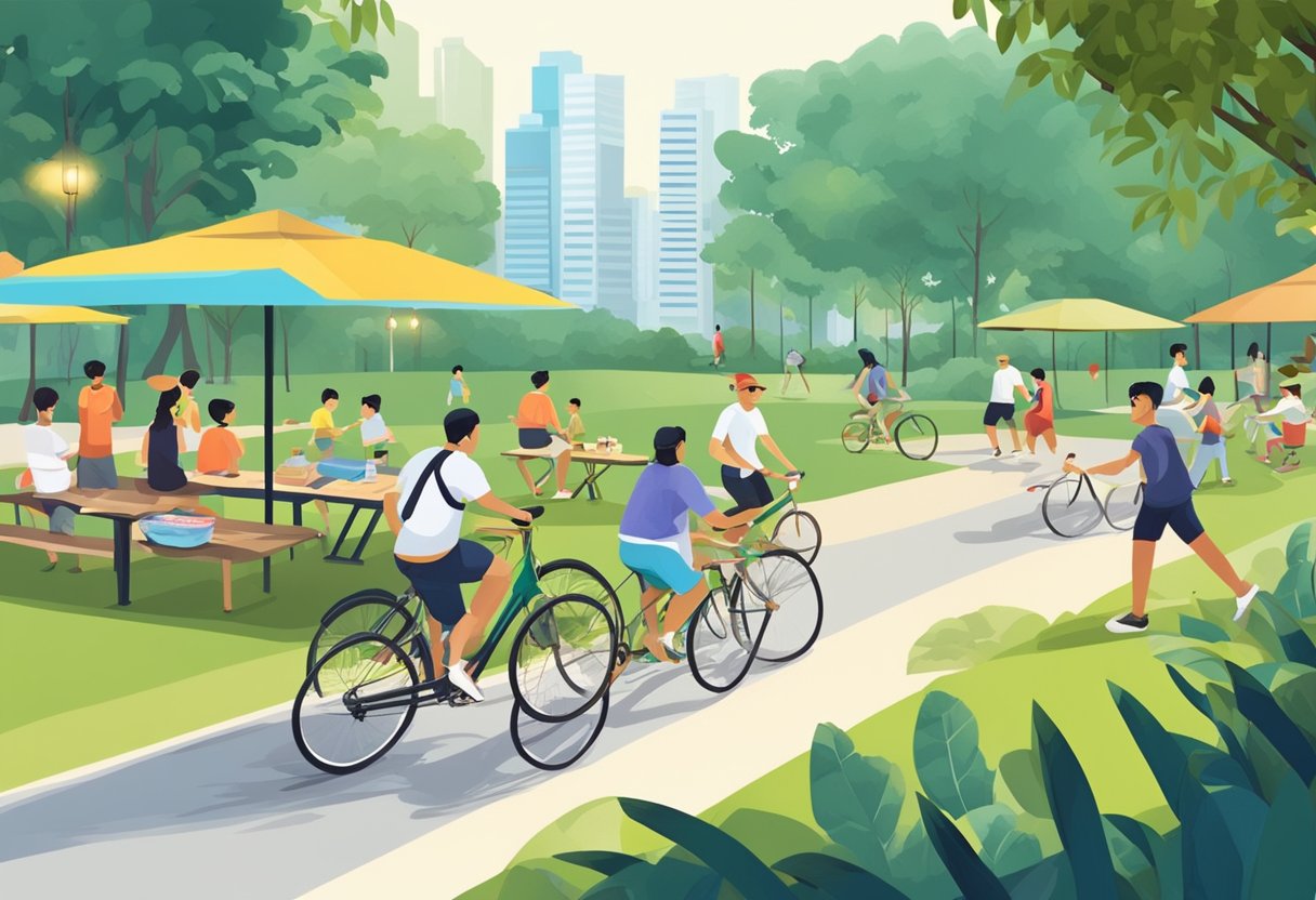 People enjoying leisure and recreation activities in Singapore: picnicking, cycling, jogging, playing sports, and relaxing in parks and outdoor spaces