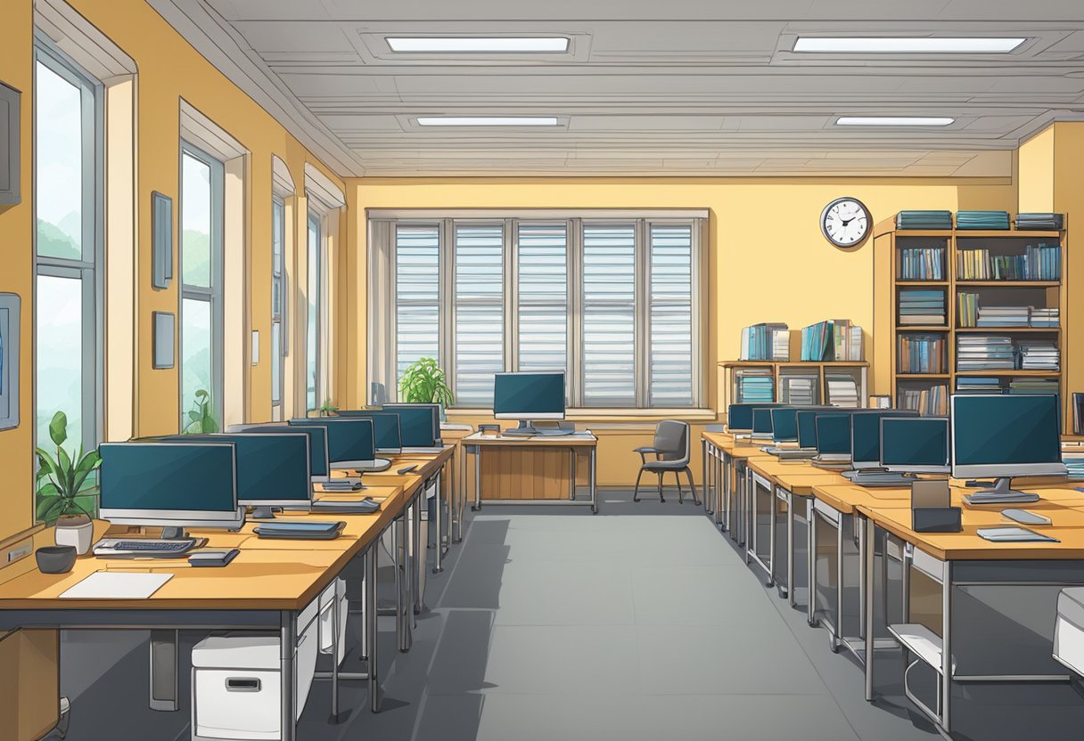 A room with rows of desks, computers, and exam materials. A clock on the wall. Quiet and organized atmosphere
