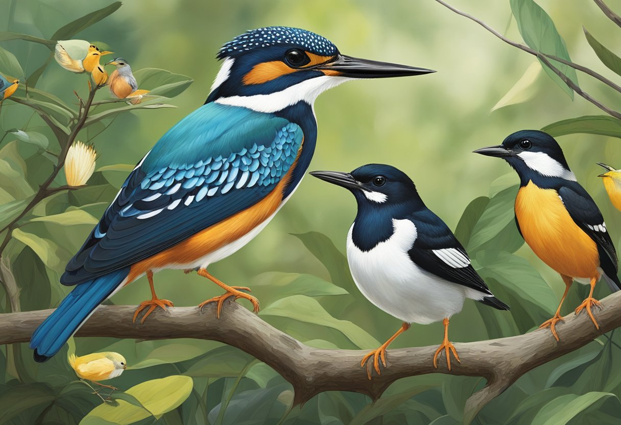 A colorful kingfisher perches on a branch, while a flock of mynas chatter nearby. A pair of oriental magpie-robins hop along the forest floor, as a white-breasted waterhen forages in the marsh