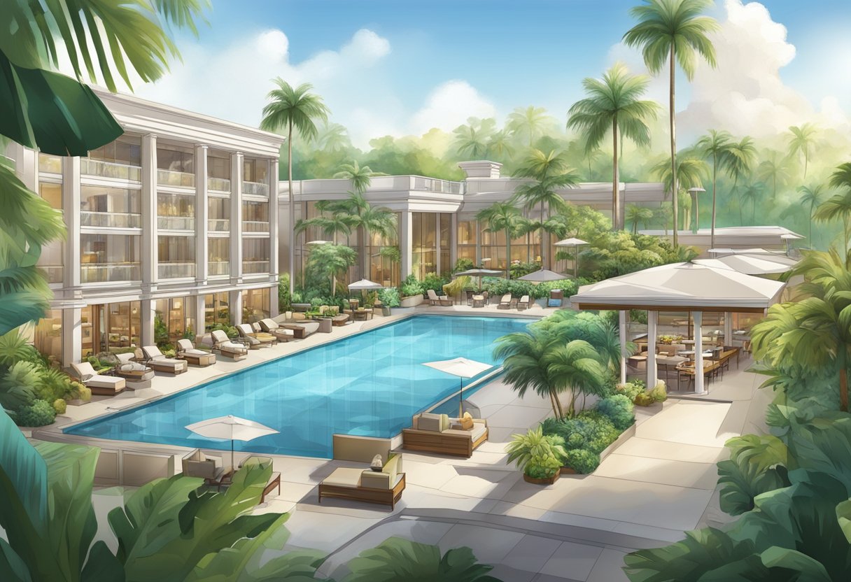 The hotel lobby features a luxurious spa, a fitness center, an outdoor pool, and several dining options, all surrounded by lush tropical gardens