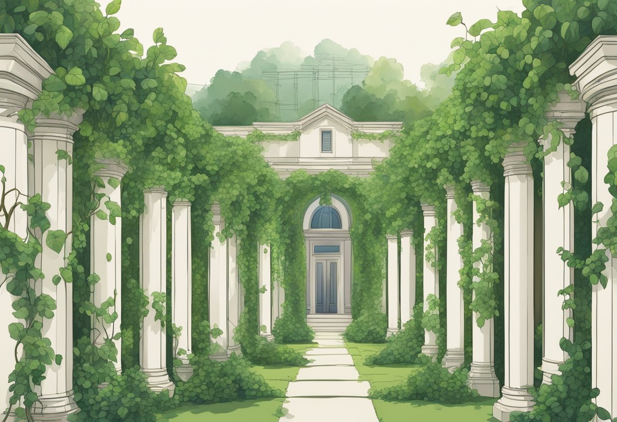 Lush green vines intertwine with sturdy pillars, symbolizing growth and support. A vibrant, thriving ecosystem surrounds the scene, illustrating the concept of strength in unity