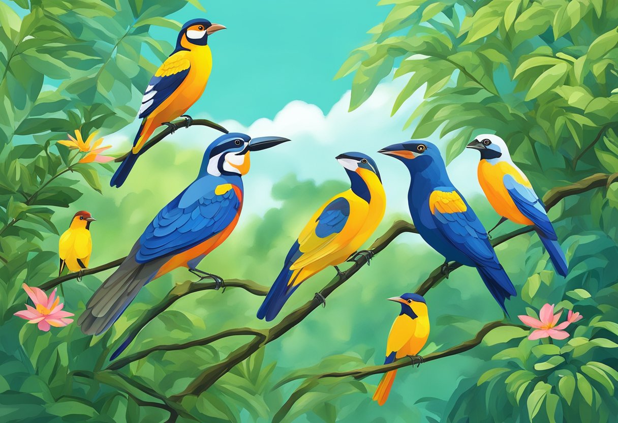 Colorful Singapore birds perched on lush green trees, with a clear blue sky in the background