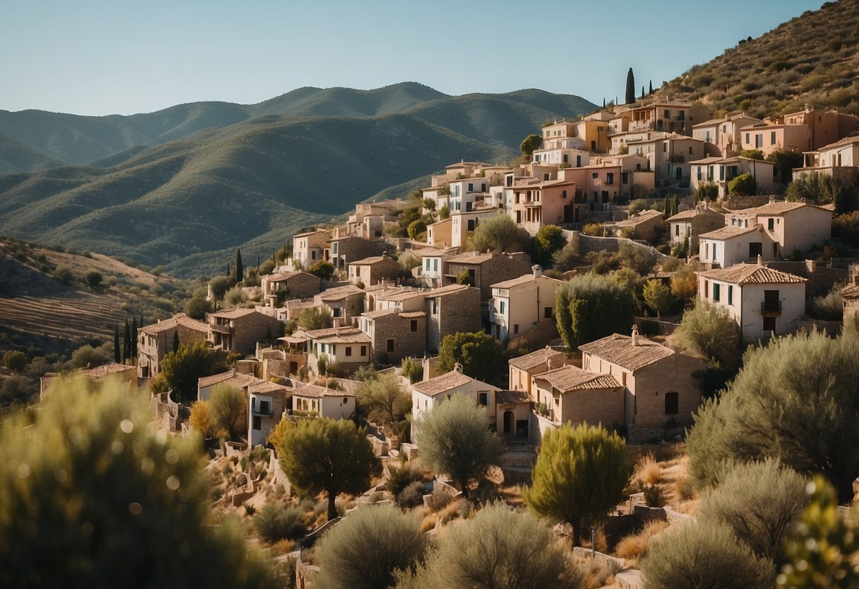 A quaint Spanish village with colorful, tiny houses nestled among rolling hills and olive groves