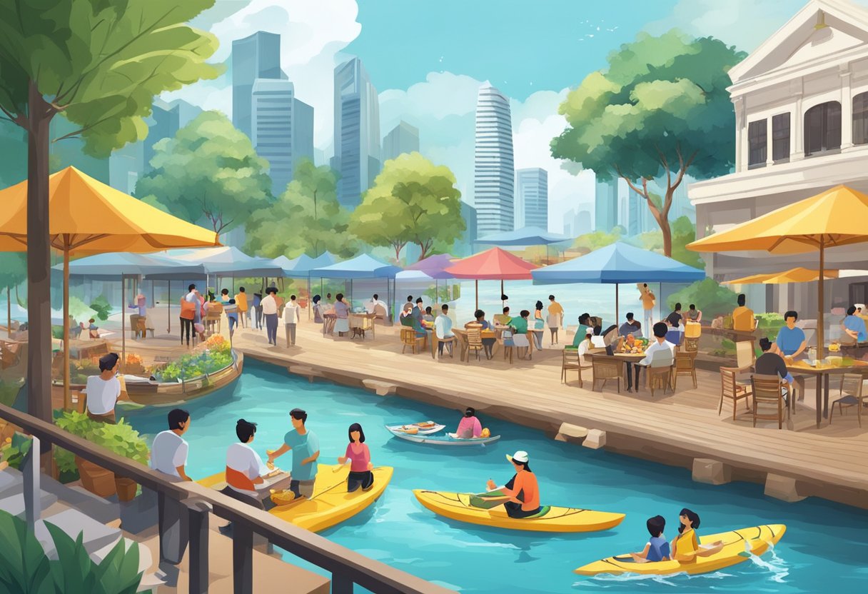 People enjoying various activities in Singapore, such as visiting landmarks, trying local cuisine, and engaging in water sports