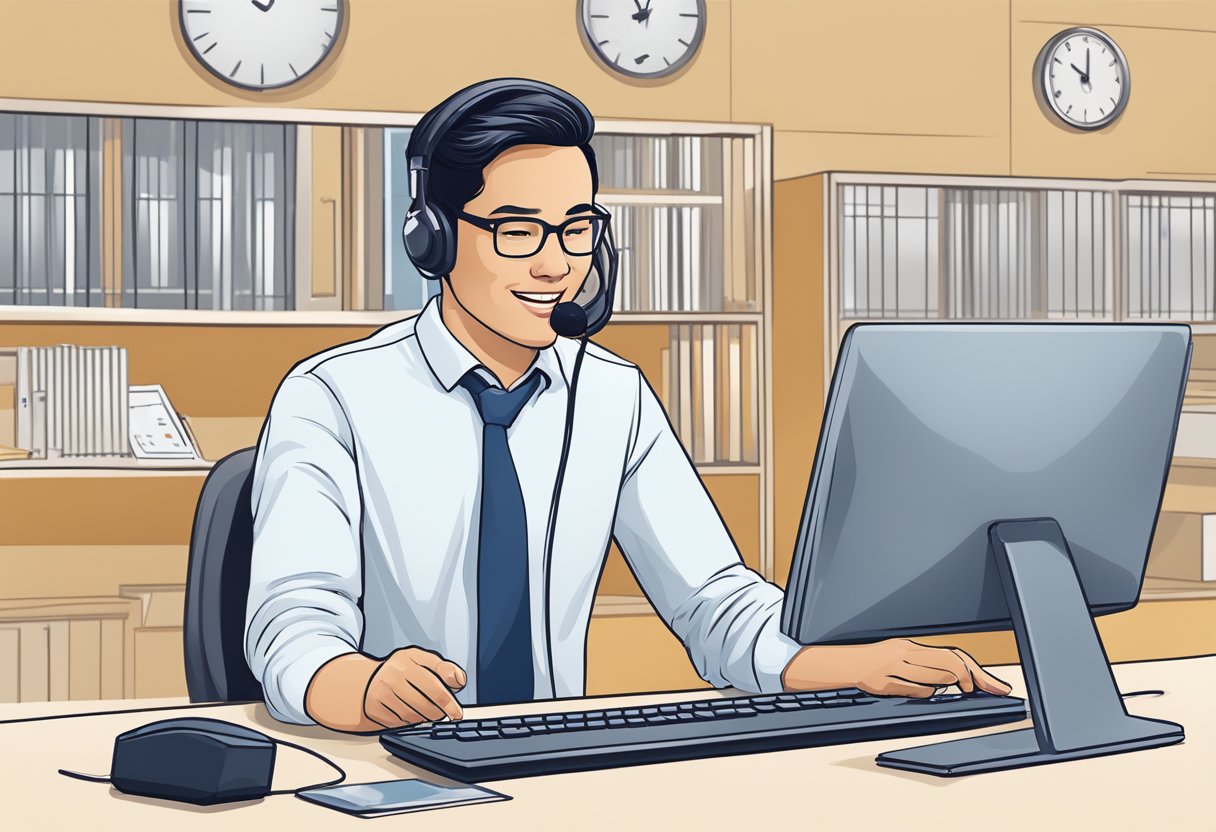 A customer service representative at RSM Singapore answering phone calls and emails, with a helpful and friendly demeanor