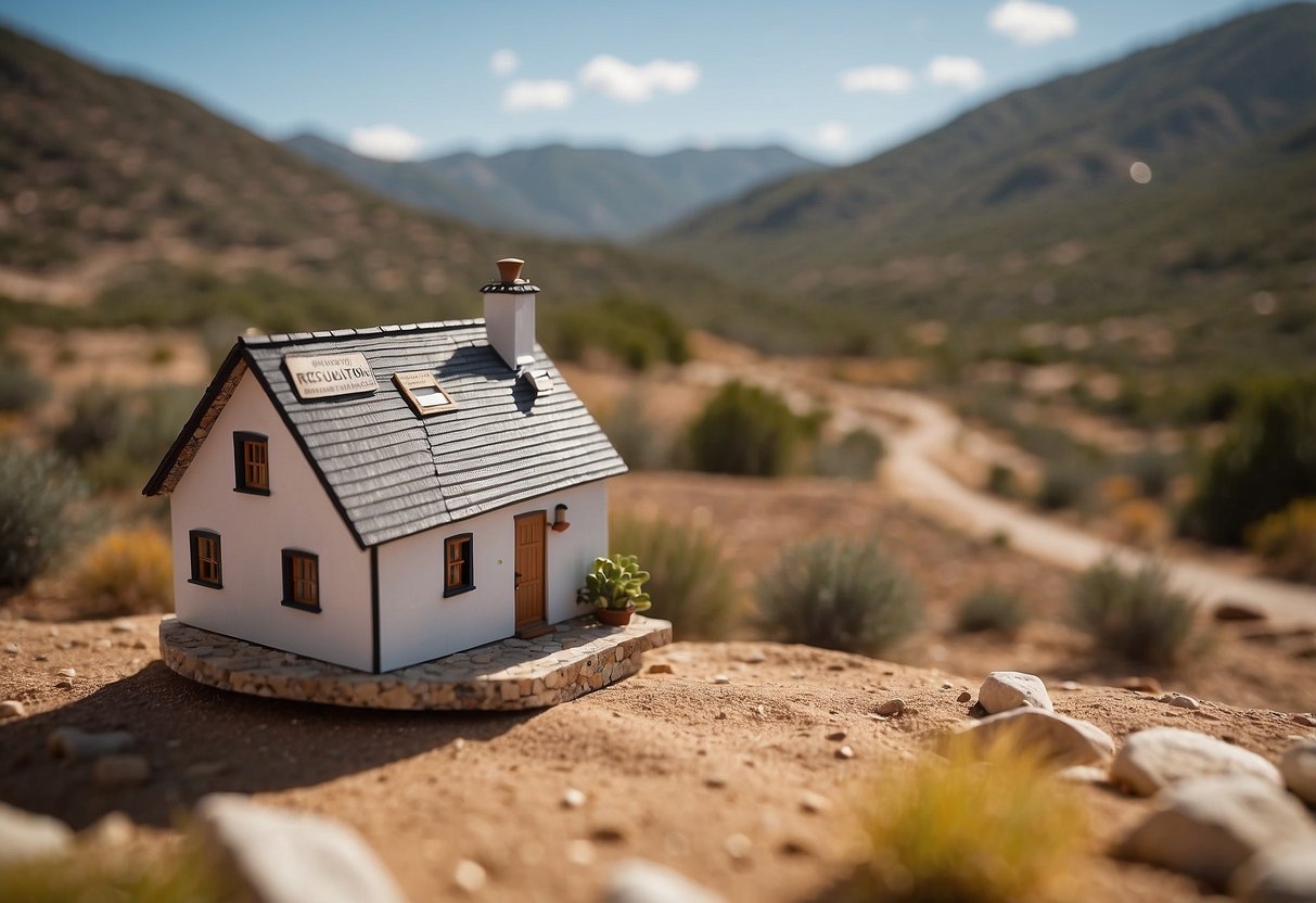 Tiny house in a Spanish landscape with a sign displaying legal regulations