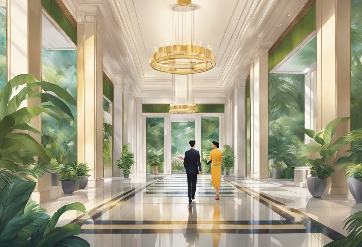 The grand entrance of Shangri La Hotel Singapore, with a welcoming concierge and a backdrop of lush greenery and elegant architecture